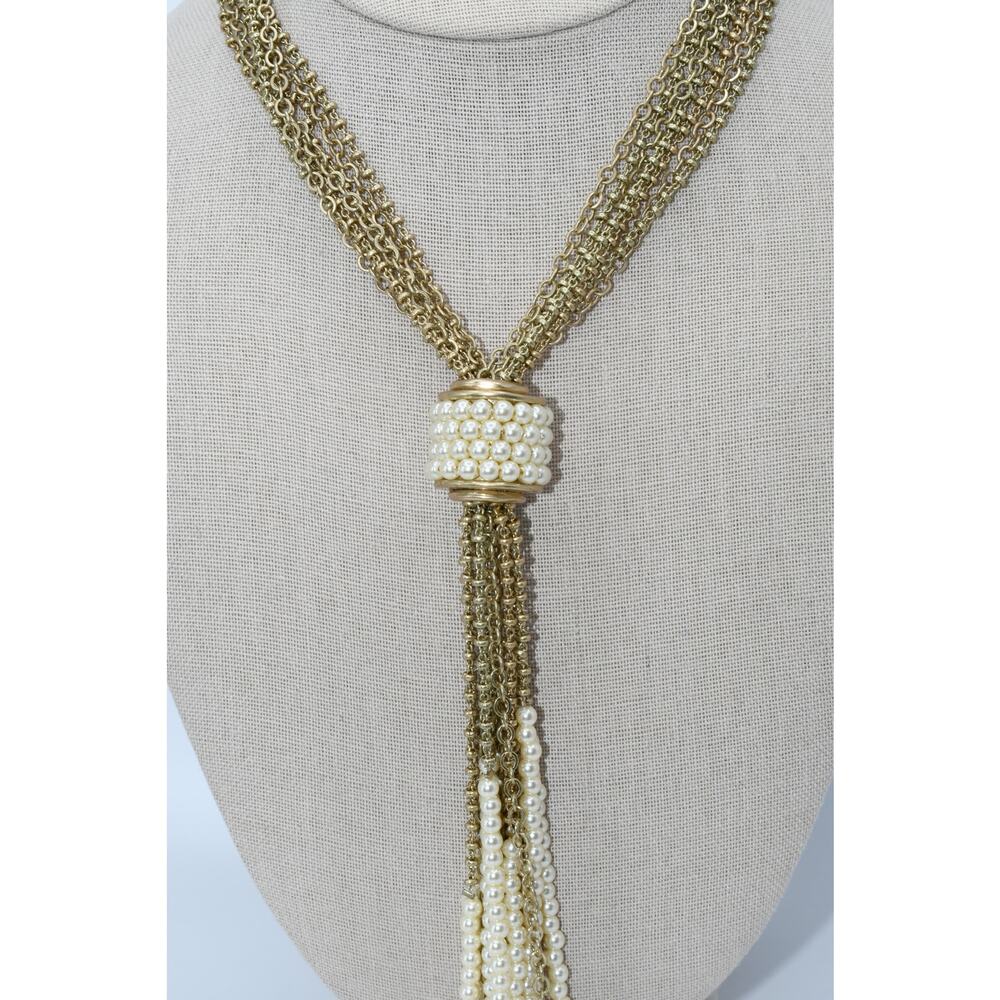 Chico’s Long Gold Chain Necklace Faux Pearl Tassel NWT 29 Inch